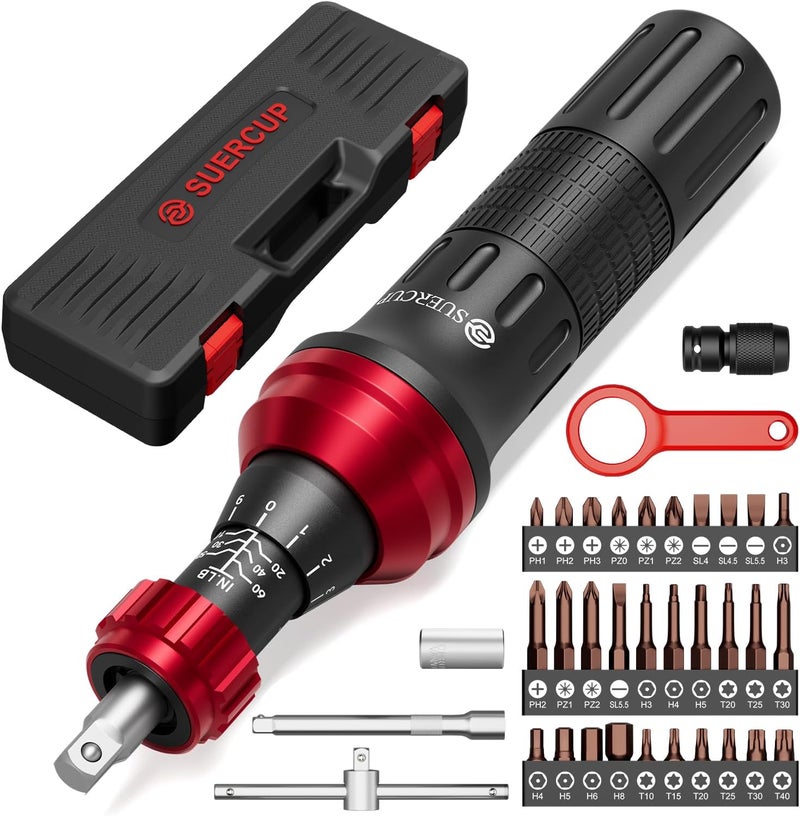 SUERCUP 10-60In.lb 1/4" Torque Screwdriver 36 PCS Set with T-bar, Hex, Torx, and Phillips S2 Bits,Torque Wrench Screwdriver for Scope and Car, Bike Mounting and Home DIY - Image 1
